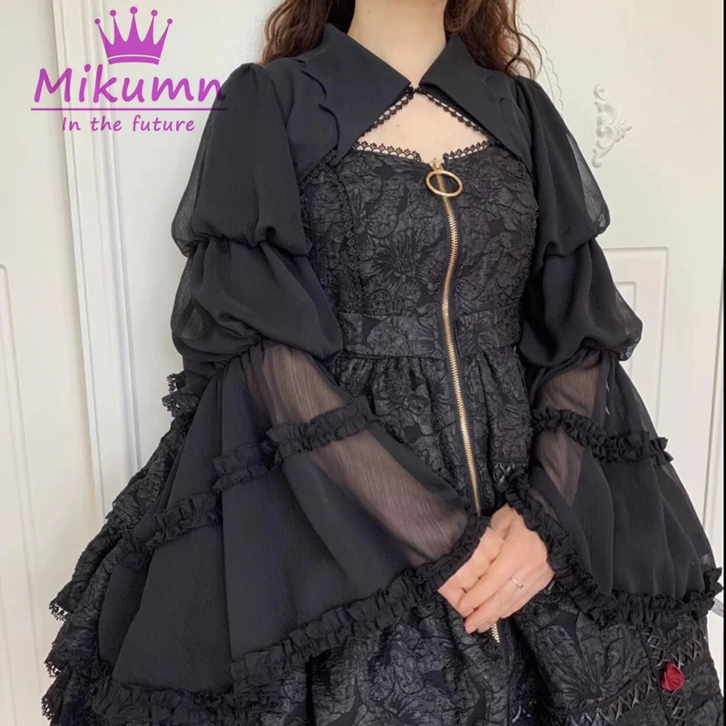 Mikumn Vintage Gothic Black Bat Neck Ruffles Flare Sleeve Cardigan Shirts Lolita Kawaii Cosplay Cropped Tops