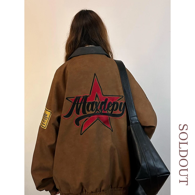 オリジナルアメリカンレトロ刺繍入りPUレザージャケット女性用ルーズメタルカラーアウタートレンディブランドストリートスタイルジッパー開閉