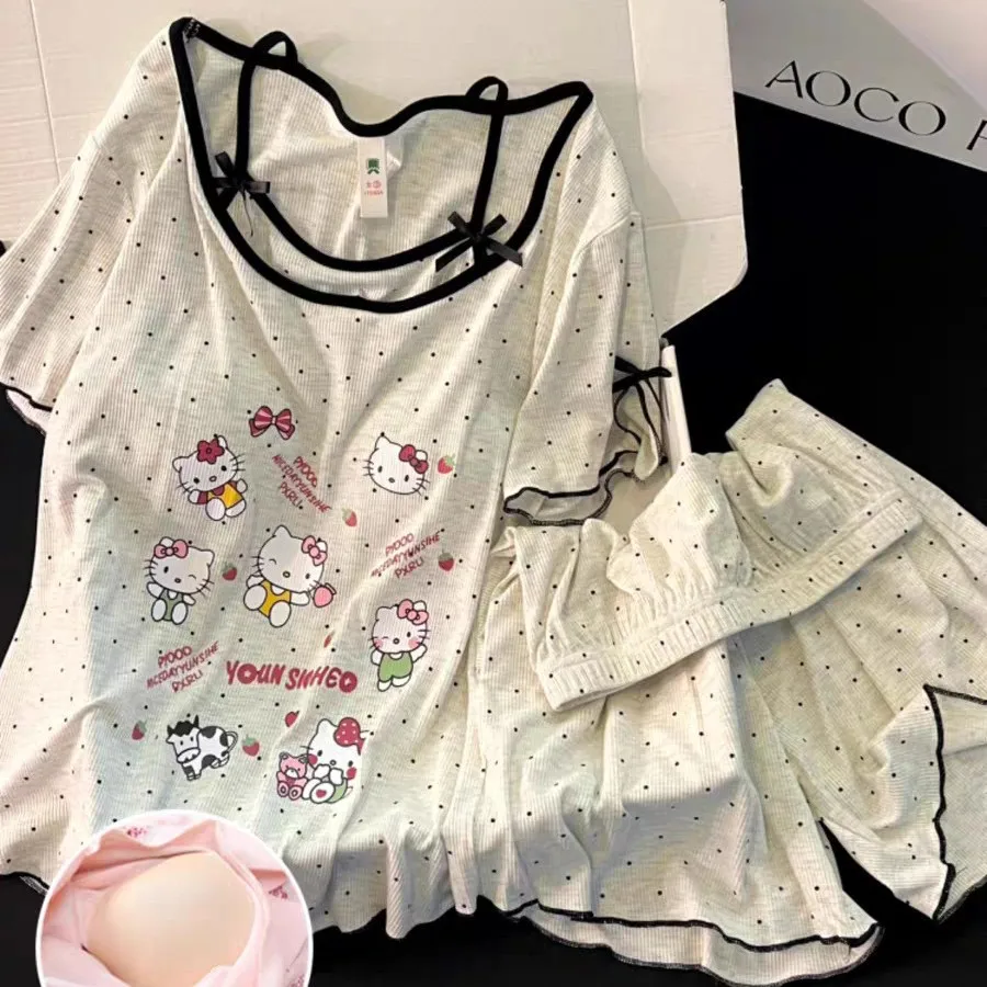 

Women's Spring and Summer New Sweet HelloKitty Home Clothes Set with Chest Mat Sleepwear
