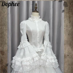 Dophee Original Y2k Lolita Lace Flare Sleeve Blouses Women Spring Autumn Stand Collar Elegant Ruffles Shirts Slim Princess Top