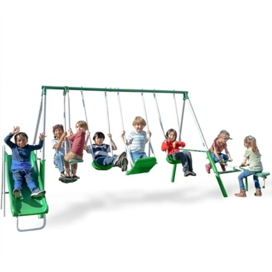 Metal Swing Set: 2 Swings/Standing Swing, 2 Person Roman Glider Swing, Teeter Totter and 5' Wavy Slide*Bonus 4pc Anchor Kit*