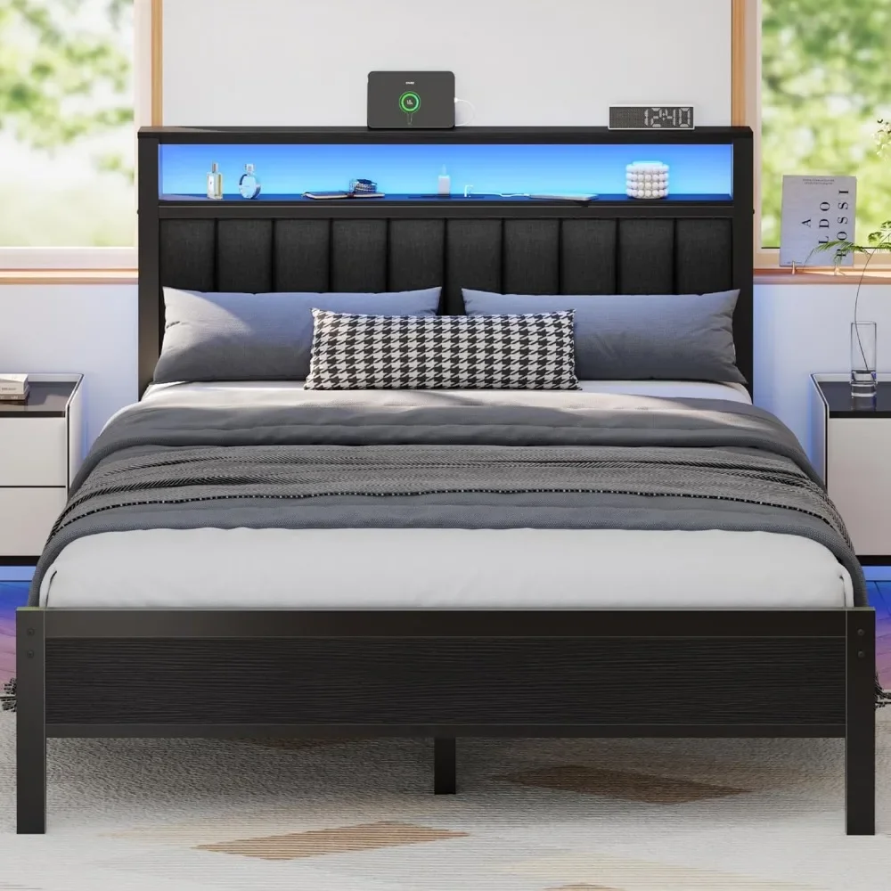 

Furnulem Queen Size Bed Frame with Charging Station and LED Lights, Platform Bed with Metal Slats, Grey Upholstered Headboard wi