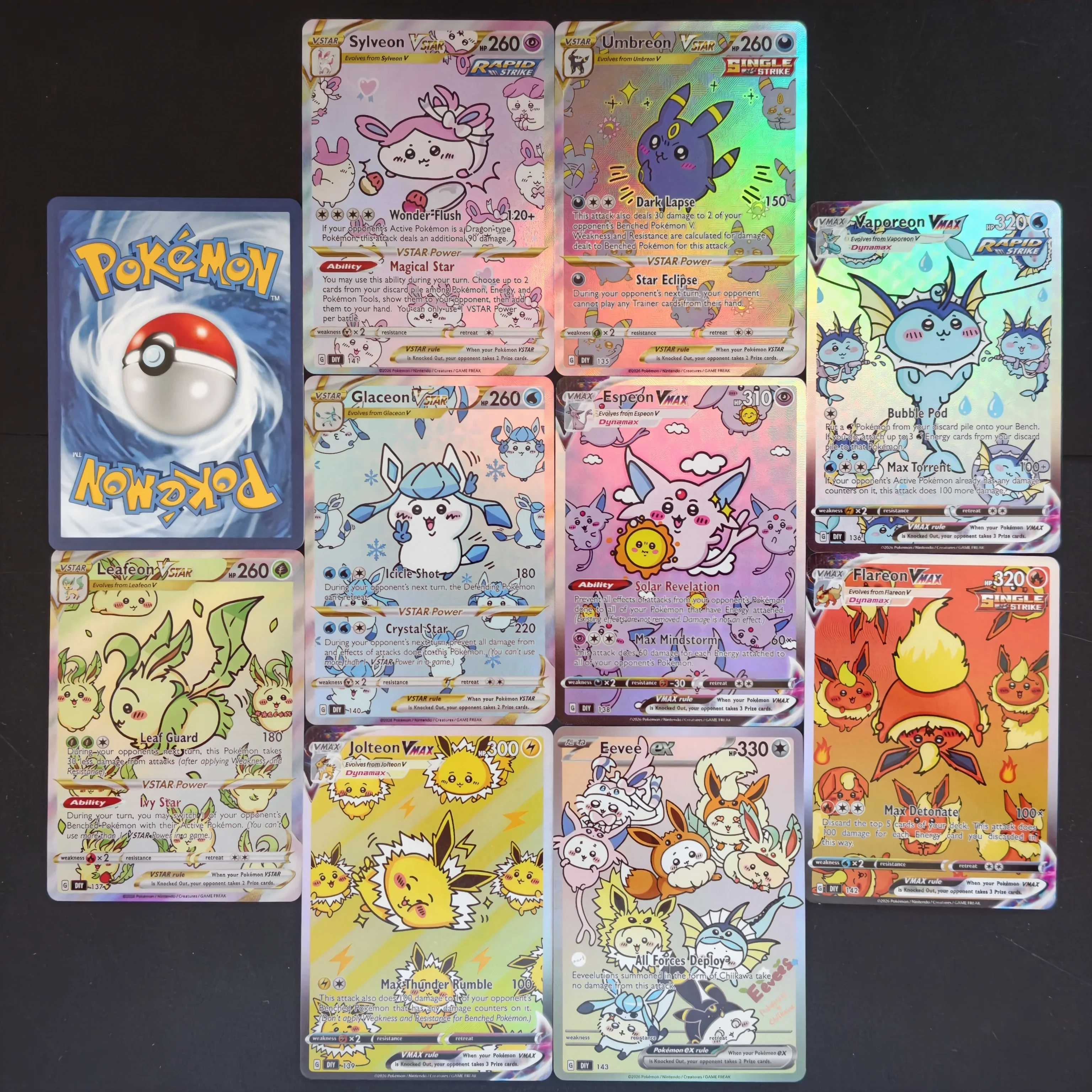 English Proxy PKM Card Chiisakute Eevee Family VMAX VSTAR Holo Textured Cards DIY TCG Advanced Anime Collection Card