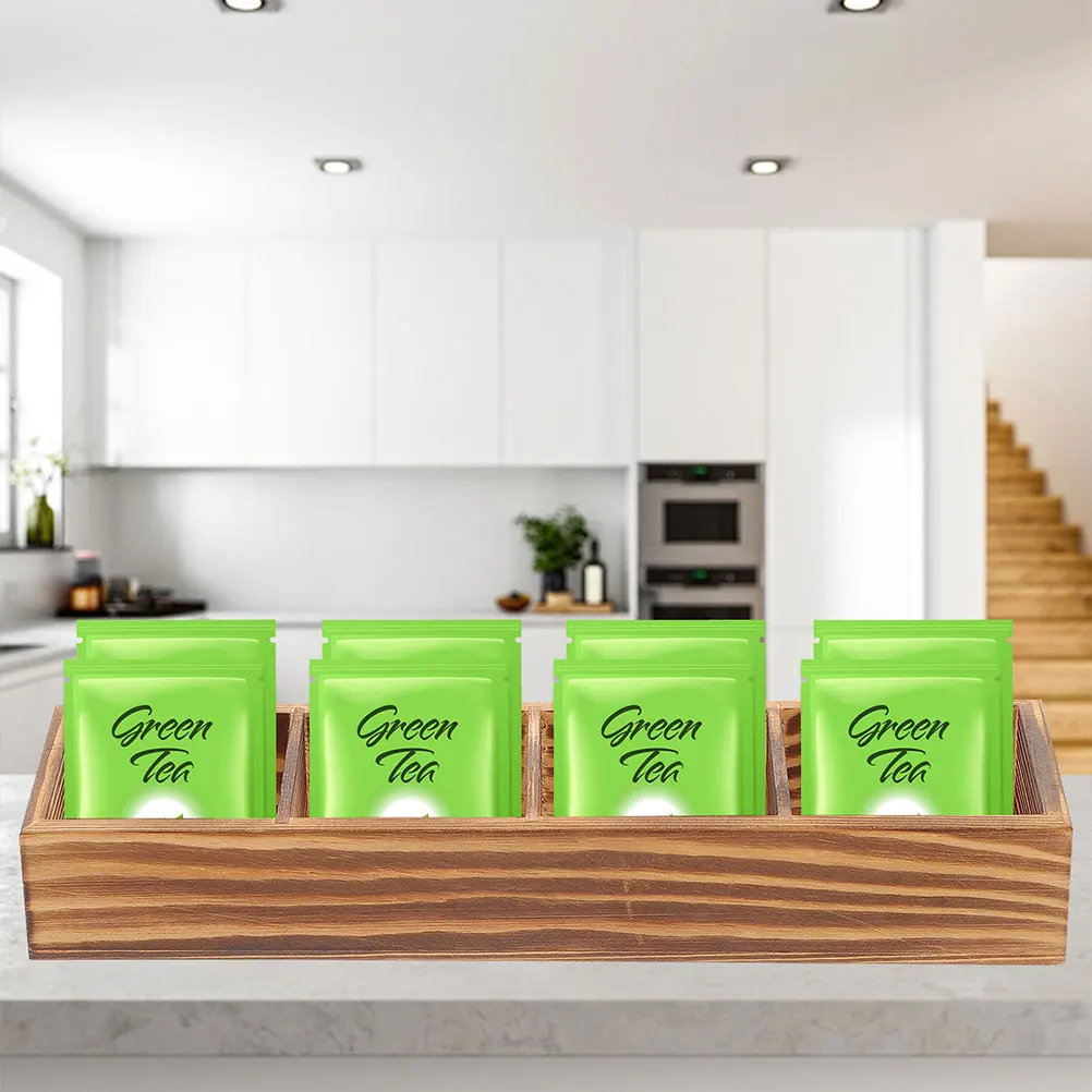 

2pcs Wooden Storage Box 4 Compartments Coffee Organizer Sugar Bag Container Desktop Condiment Holder Household Wood Organizer