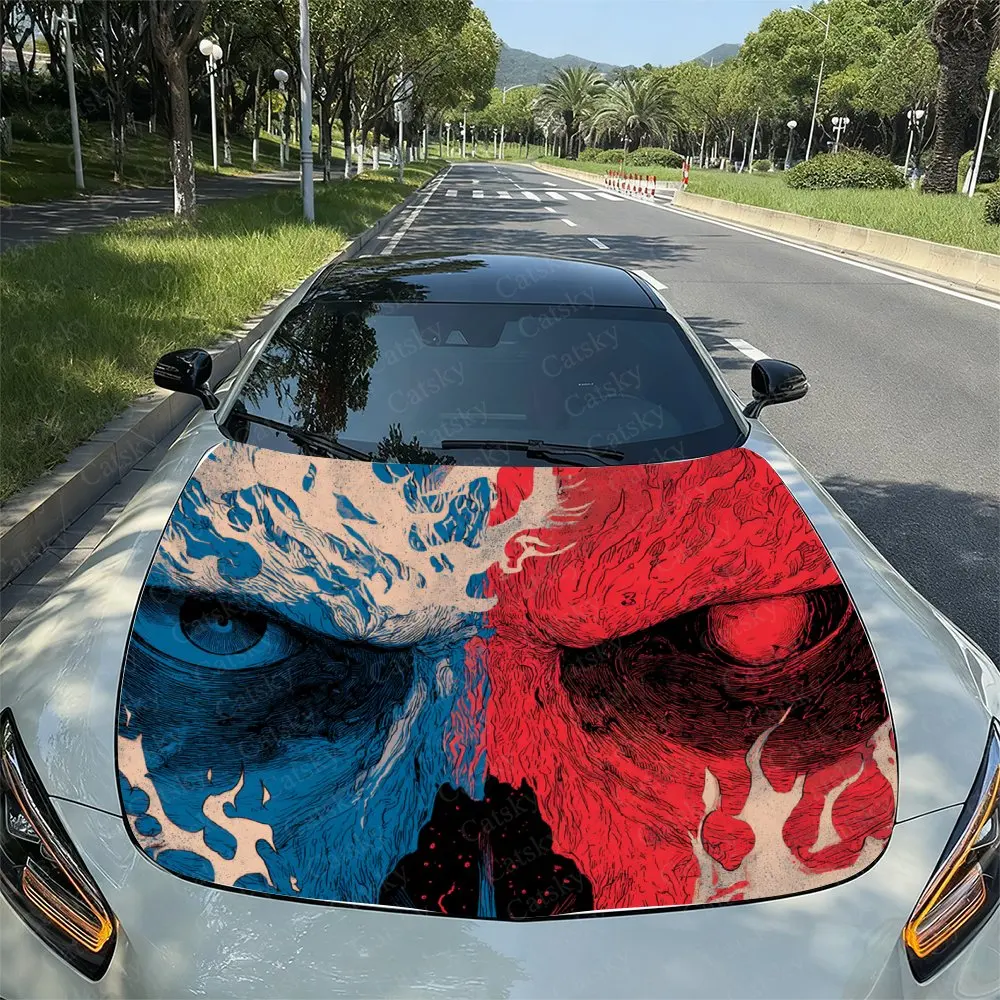 

Blue Red Flame Skull Car Hood Vinyl Wraps, PVC Waterproof Car Bonnet Decals, Self-Adhesive Scratch-Resistant Stickers For Engine