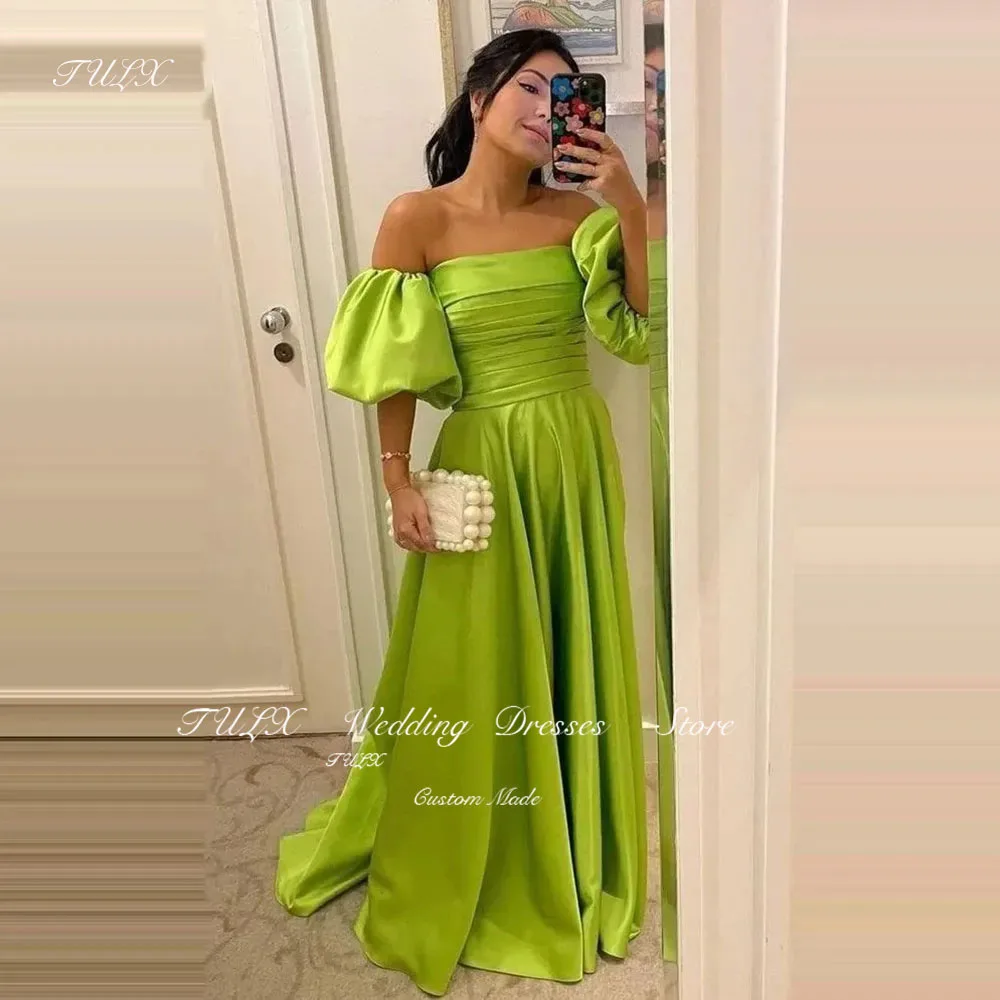 

TULX Elegant Satin Green Pleats Prom Dress Women Off Shoulder Floor-Lenght Formal Evening Dresses Bridesmaid Pageant Gowns 2025