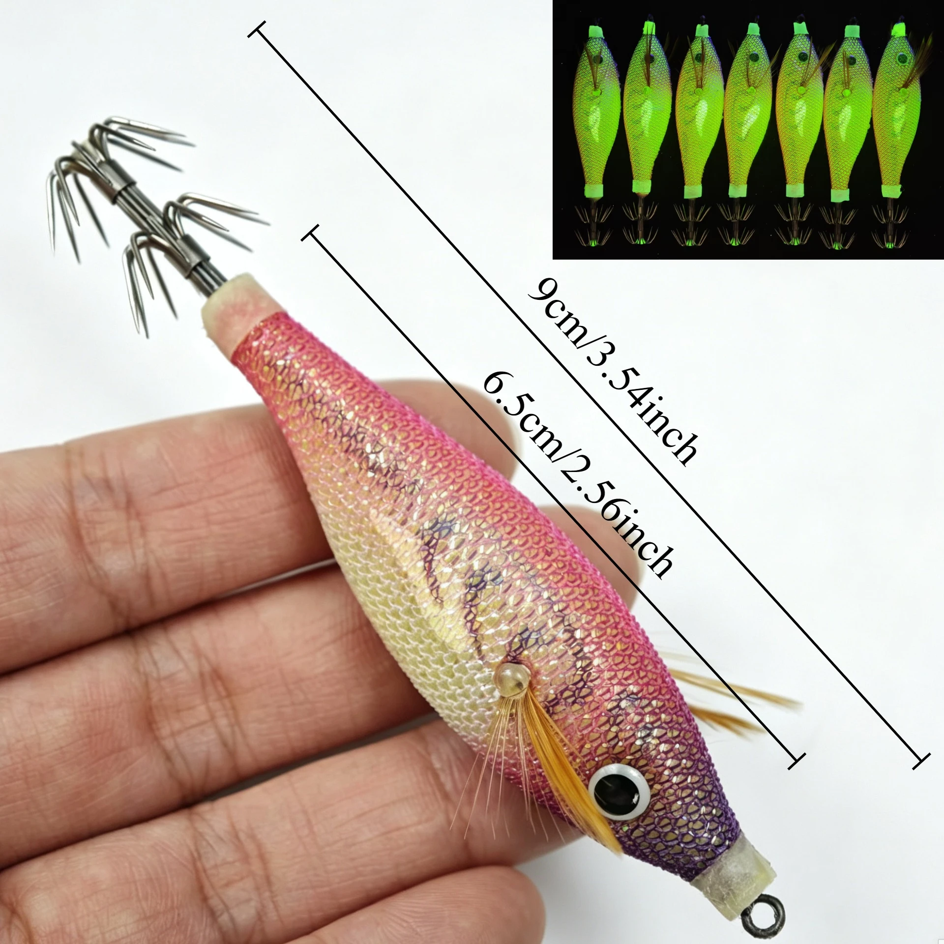 7 Stück/Set 9cm Leuchtender Tintenfisch-Jig-Haken, Angelköder für Garnelen, Leuchtende Garnelen-Jigs, Tintenfisch-Oktopus-Angelzubehör – Detail 1
