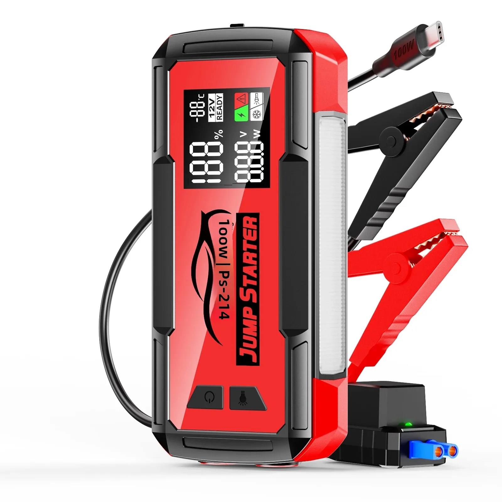 

New Powerful 32000mah 8000a 100w Retractable Cable Notebook Light Car Super Capacitor 12v Battery Booster Jump Starter PowerBank