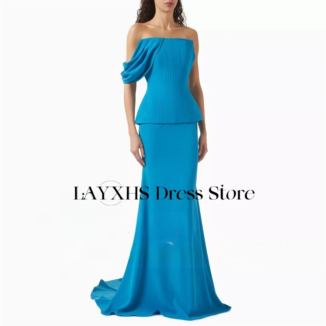 

LAYXHS Simple Lake Blue Mermaid Evening Dresses One-shoulder Backless Zipper Floor-Lenght Prom Dresses Customized