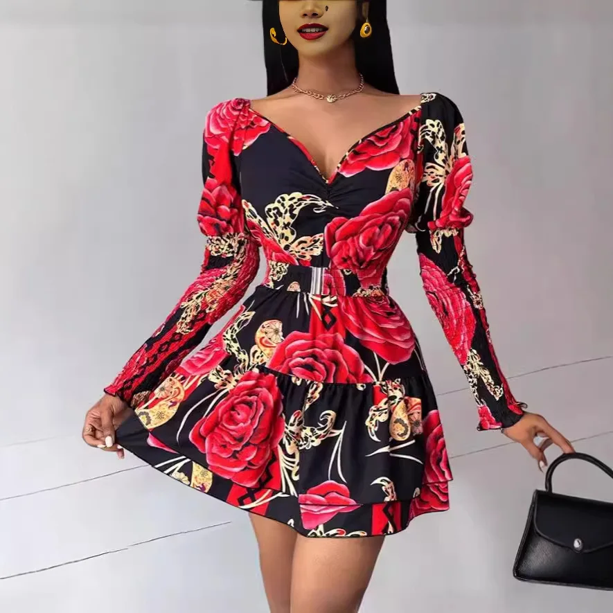 

Floral Print V Neck Bubble Sleeve Dress Dresses Spring Summer Fitted Waist Overall Jumpsuit Playsuit
