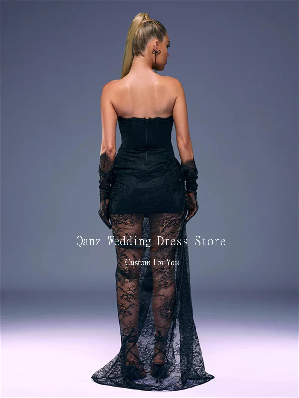 Qanz Black Lace Evening Dresses Overskirts See Through Party Dresses Mermaid High Leg Slit OpenBack Robes De Soirée Customized