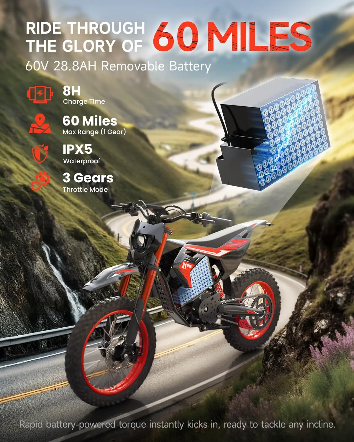 QRONGE X1 Spark Electric Dirt Bike, Electric-Bike with 60V 28.8Ah Battery, 4500W Peak Mid-Drive Motor Electric Motorcycle, Full Suspension, 3 Speed Modes, Mountain Off-Road E-Bike for Adults & Teens 13+ (L)