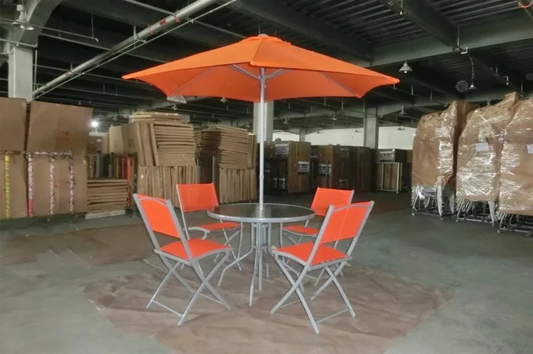 กลางแจ้ง 6 ชิ้นเหล็กสวนกาแฟ Patio พับรับประทานอาหาร Teslin เฟอร์นิเจอร์ชุดร่ม Parasol สําหรับ Shop Hotel