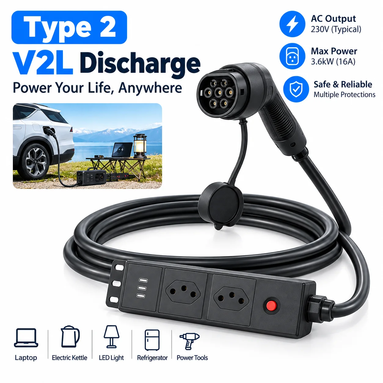 EVMBO Type2 V2L Discharge Adapter 16A Brazil Socket EV to Outdoor Power Station for BYD MG Jaecoo Geely EX5 Electric Vehicle
