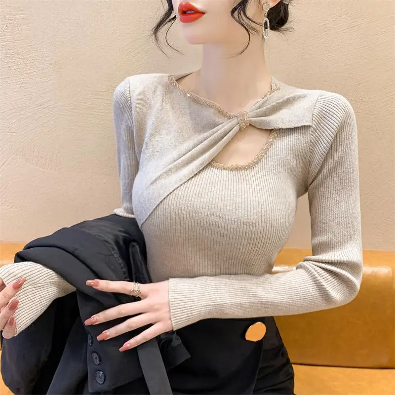 Autumn Winter New Fashion Bow Collar Solid Long Sleeve Pullovers Women\'s Clothing Diamonds Pleated Knitting Slim Temperament Top