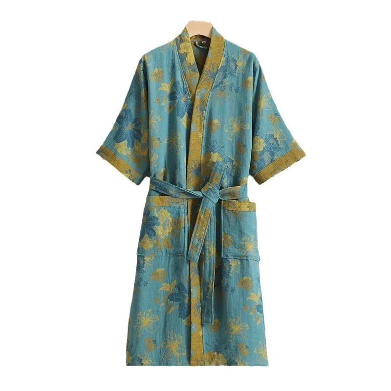 100%cotton Lady\'s Bathroom Robe Printed Nightgown Style Pure Cotton Double-Layer Gauze Comfortable Dressing Gown For Women\'s