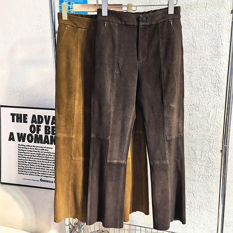 Caramel/Coffee Retro Suede Lambskin Straight Trousers Autumn Women Elastic Waist Zipper Pocket Casual Wide-Leg Pantalon Femme