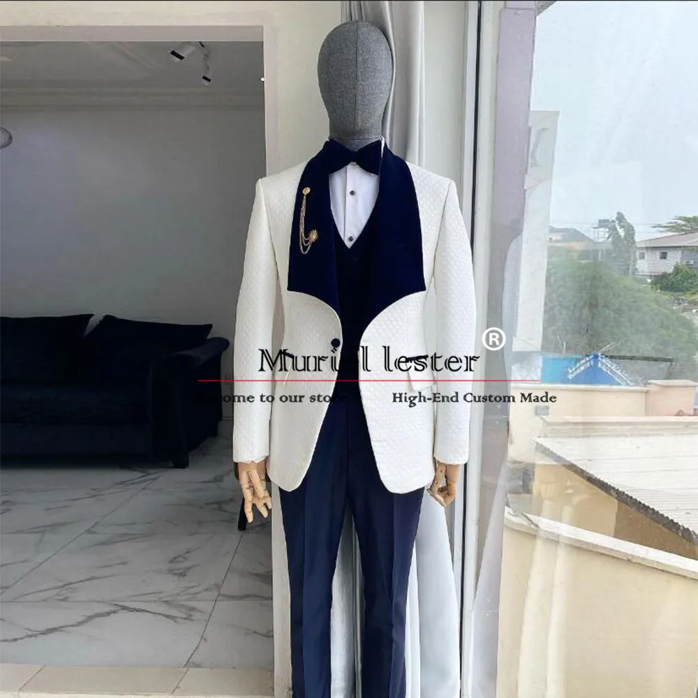 

Elegant Square Pattern Jacquard Suit Men For Wedding Navy Shawl Lapel Ivory Jacket Vest Pants 3 Pieces Gtoom Tuxedos Tailored