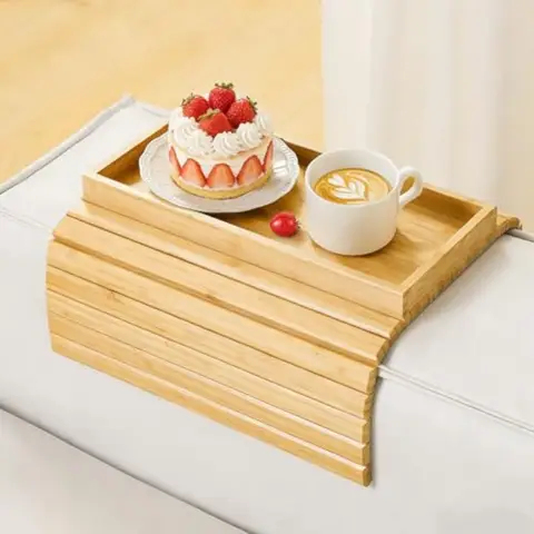 Tray with Spacious 12.4' X 5.4' Storage Box, Natural Bamboo Finish, Enhanced Non-Slip Felt Bottom, Sturdy Bamboo Slats, Fits Armrests 6' and Wider