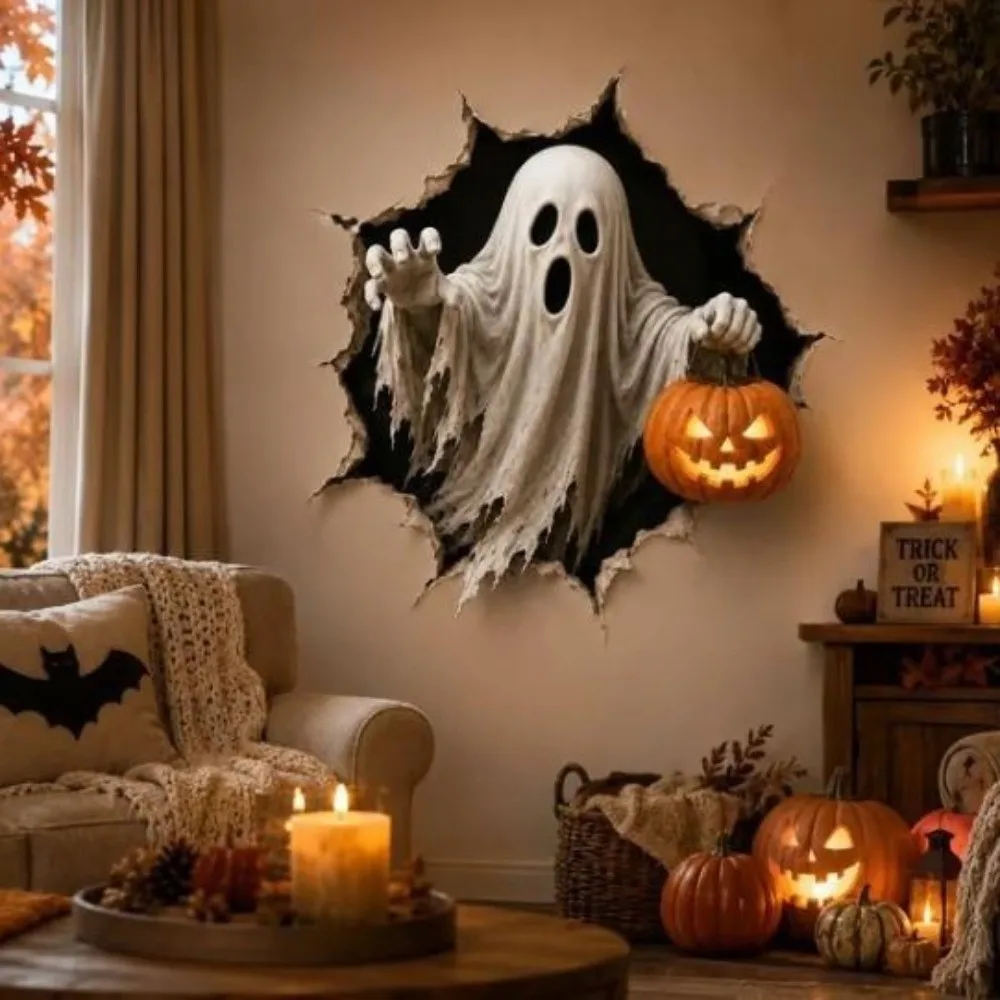 2D Flat Ghost Pumpkin Wall Decal Waterproof Spooky Crash Through Wall Decals Self-Adhesive Realistic