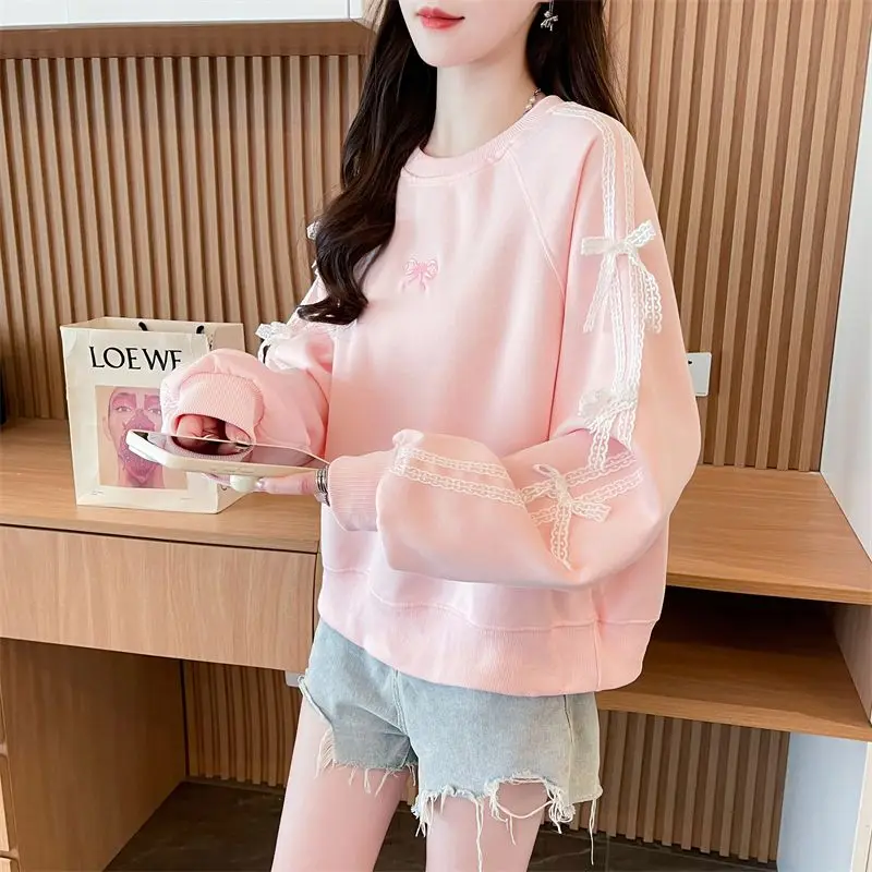 Lace Embroidery Patchwork Korean Round Neck Loose Sweatshirt Design New Bow Top