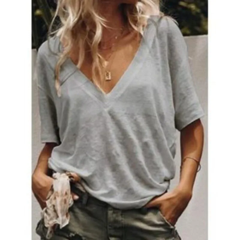 Explosive new deep V-neck short sleeve solid color casual T-shirt blouse