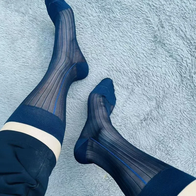 Men Dark Navy Vertical Rib Sheer Mid-Calf Socks for Gentlemen Dress Socks Comfort Nylon Socks for Business Suit & Leather Shoes