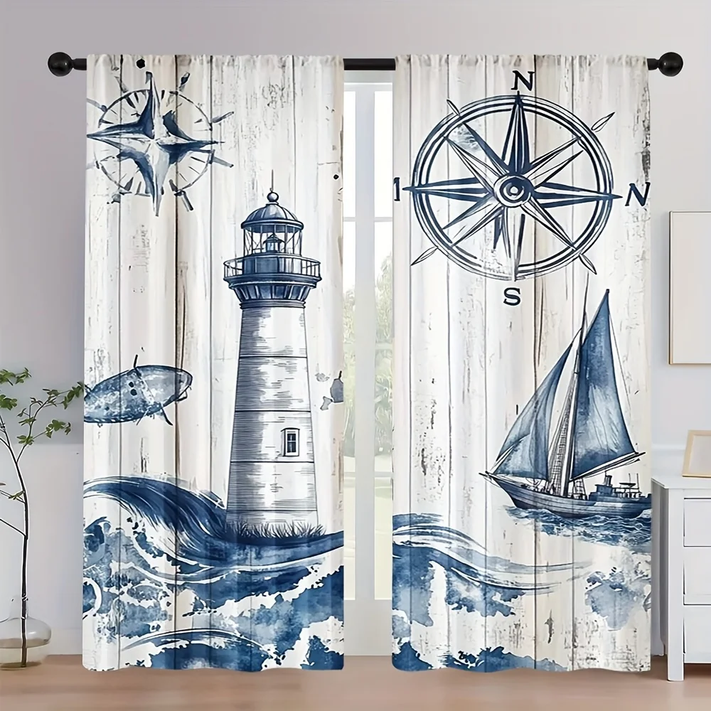 2pc Lighthouse and compass printed curtains, made of polyester, machine washable, suitable for bedrooms and living rooms.