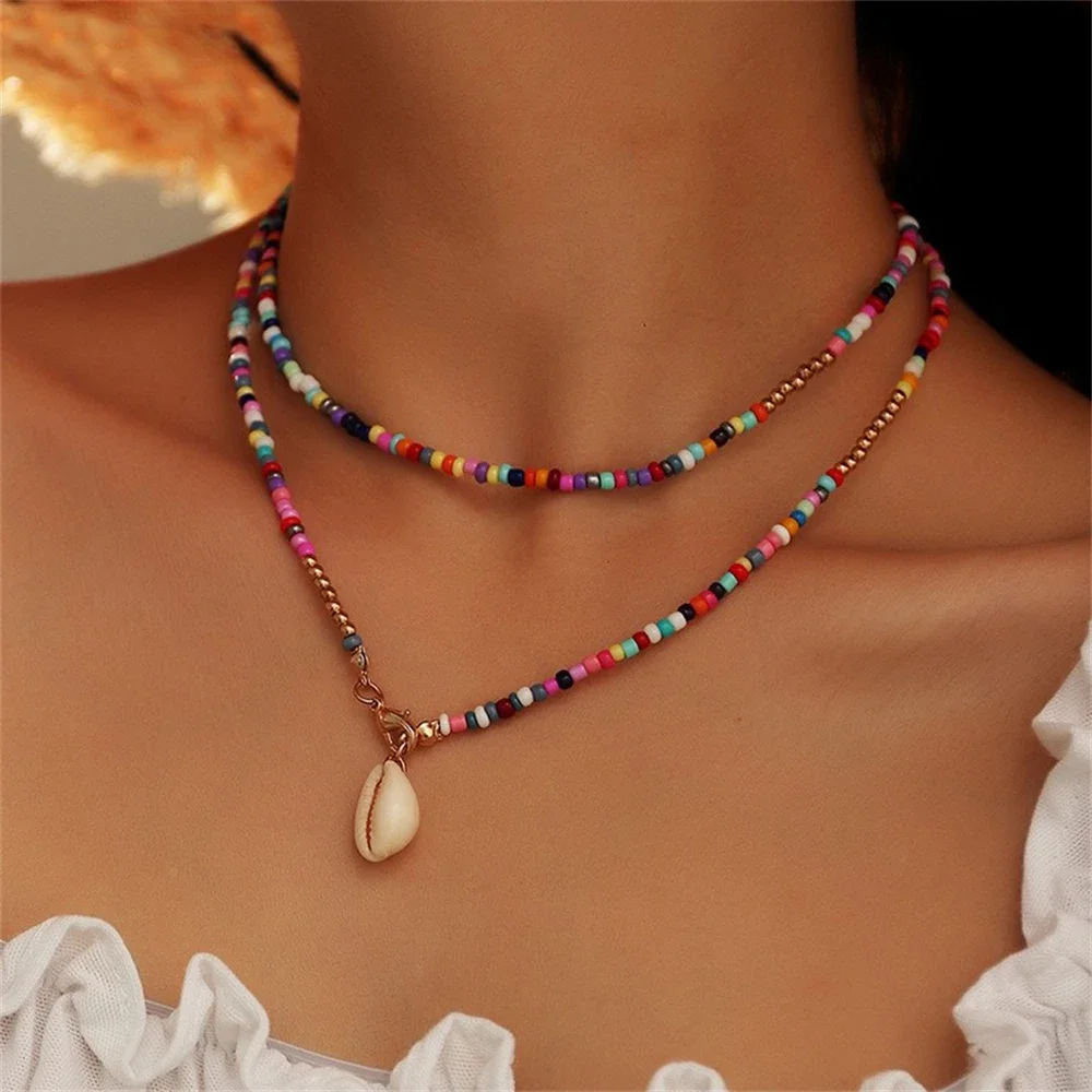 Boho Fashion Rustic Colorful Rice Bead Chain Beach Shell Pendant Necklace For Women Female Vintage Multilevel Choker Jewelry