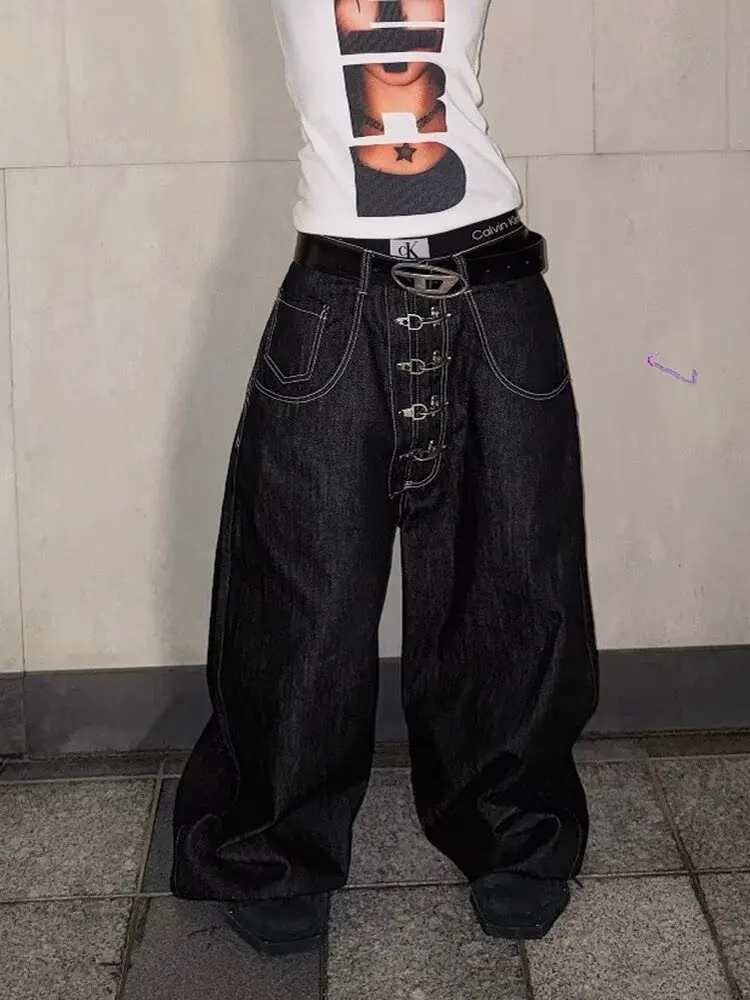Women's Vintage Street Style High Waist Metal Buckle Curved Wide Leg Straight Baggy Denim Pants