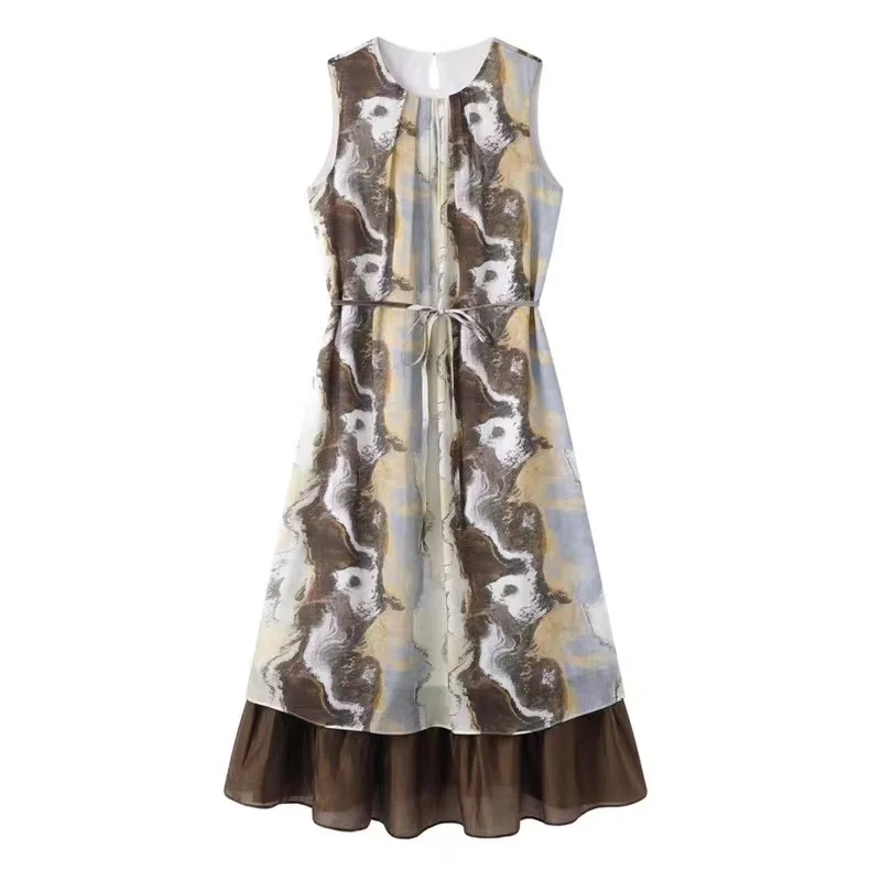 

Elegance Chiffon Spliced Print Sleeveless Vest Dress Women Summer Lace-up Slim Waist Folds Big Swing Skirts Lady Long-skirt