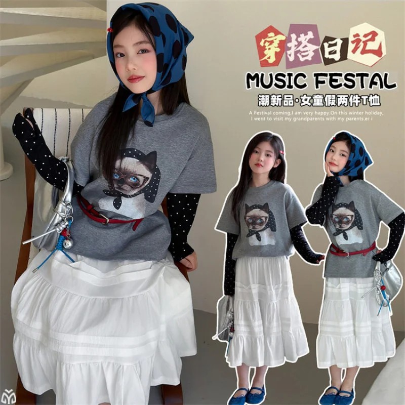Girls' Spring Dress2026New Korean-style high-end two-piece outfit for older children, consisting of a faux two-piece top and ski