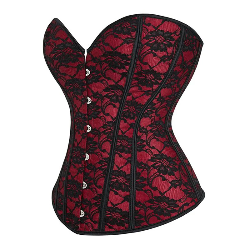 Red Satin & Black Floral Lace Patchwork Vintage Corset Overbust Steampunk Espartilhos Sexy Lingerie Gothic Bustier Top For Women