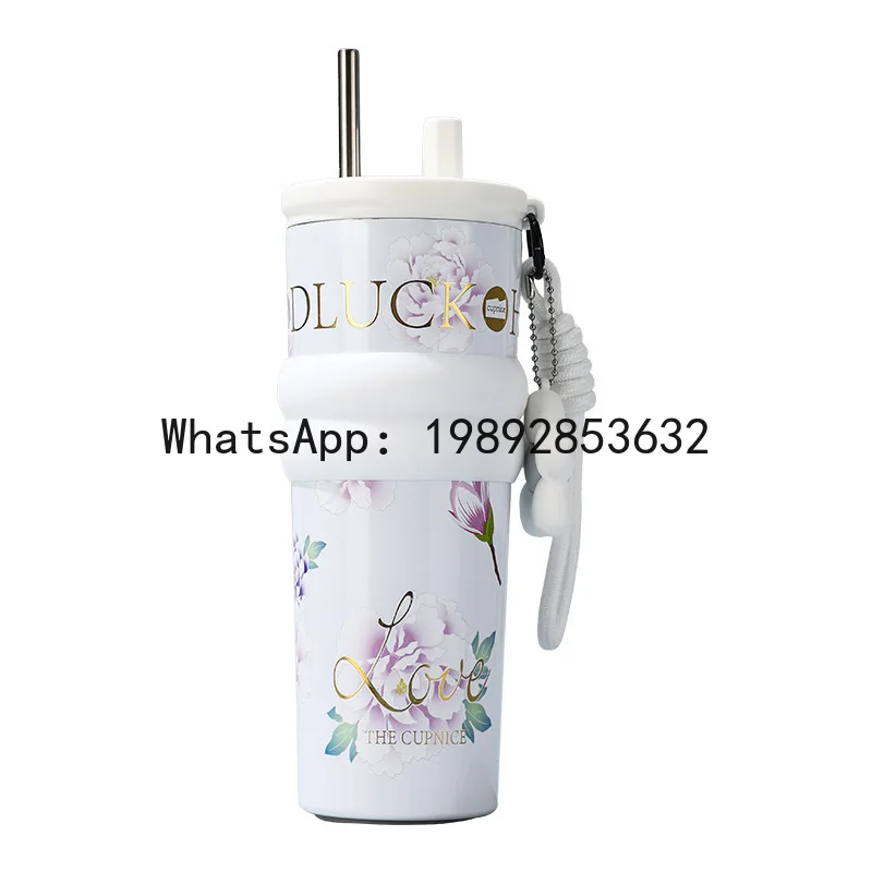 

XL thermos cup girls flower large capacity ceramic liner straw water cup high value