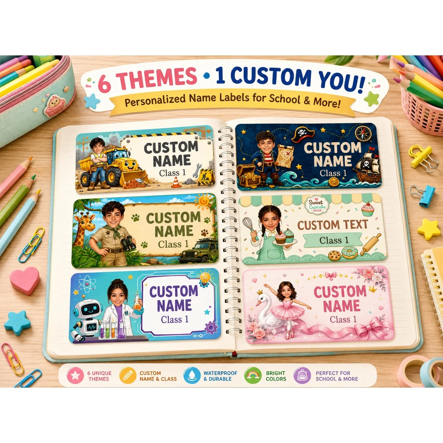 Custom Photo Name & Class Stickers, Personalized Waterproof Student Name Labels, Cartoon Party Theme Designs Ideal for Books, N