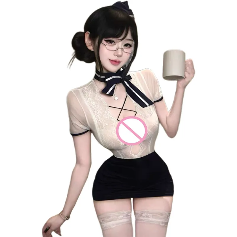 

Sexy Stewardess Cosplay Lace Sheer Bodycon Skirt Pure Desire Flirting Uniform Secretary Outfit Woman Casual Hollow Out Costume