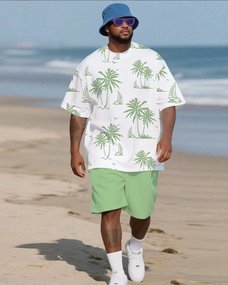 S-9XL Men's Large Size Oil Painting Coconut Tree Vacation Short-sleeved T-shirt Shorts Two-piece Set