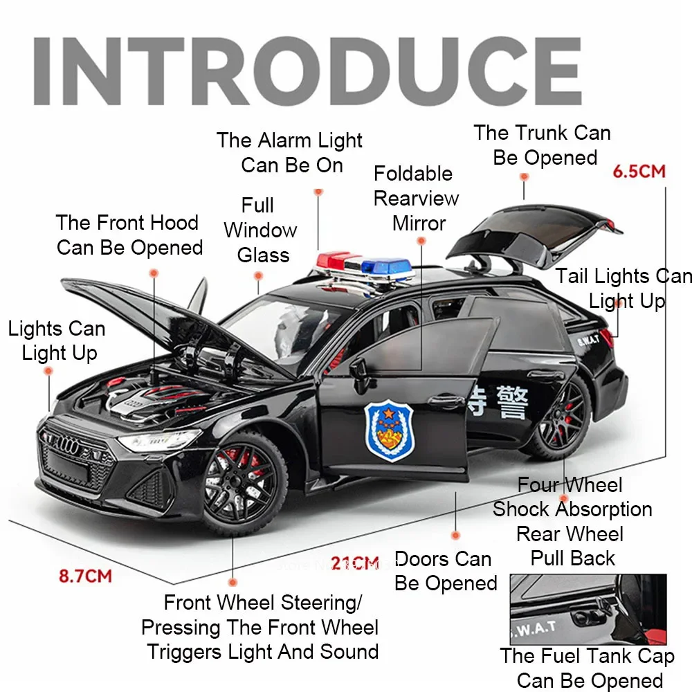 1:24 AUDI RS6 Police Cars Miniature Models Alloy Diecast Toys with Sound Light Pull Back Vehicles for Children Collection Gifts