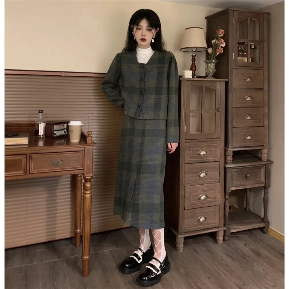 Vintage Green Tweed Outfit Suit Women Elegant Wool Short Coats +High Waist Long Skirt  Autumn Winter 2 Piece Sets Office Ladies