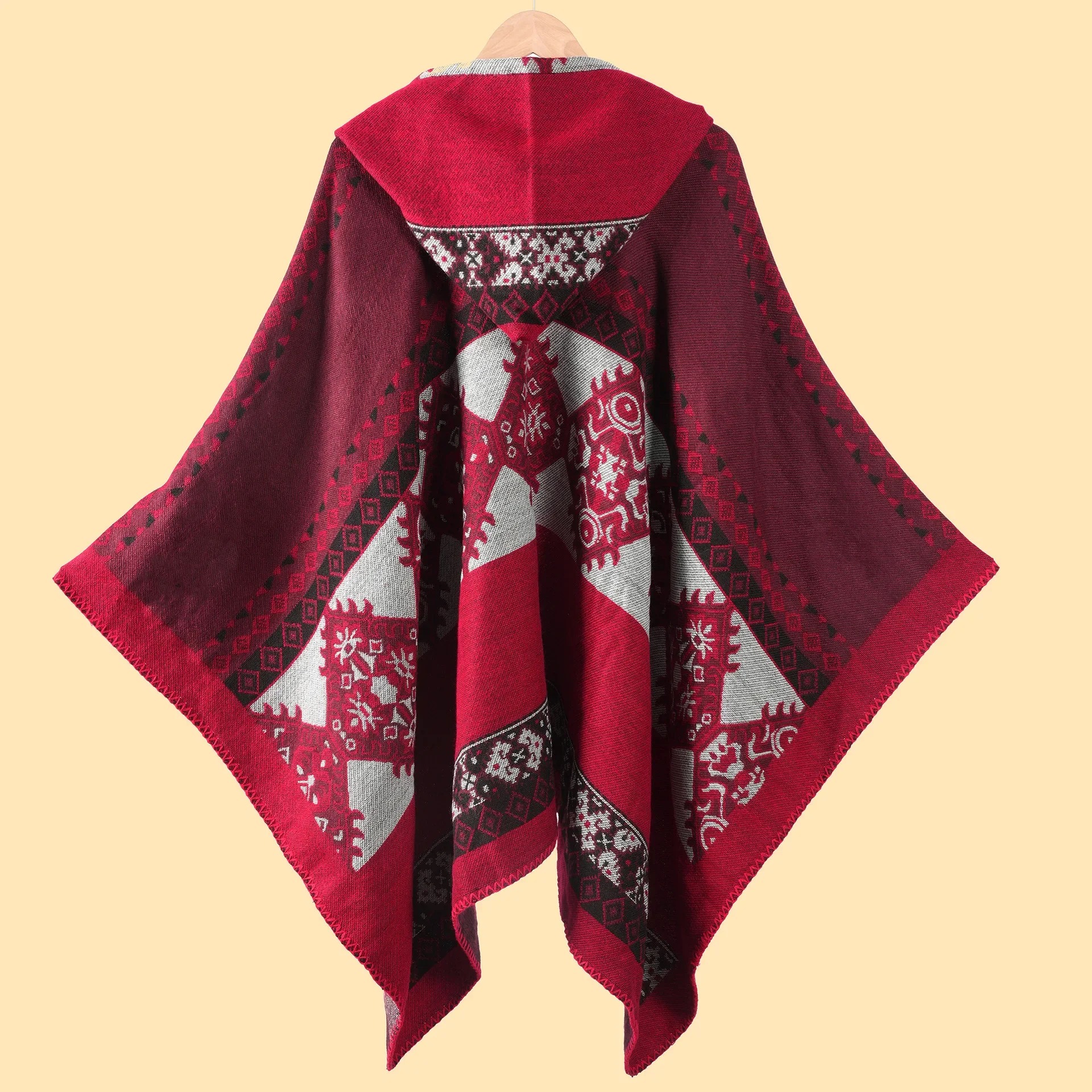 

New Poncho Women's Hooded Tassel Geometric Color Block Scarf Cape Travel Photography Warm Cloak P1