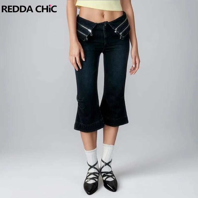 

REDDACHiC Fold Over Low Rise Jean Shorts Women Black Distressed Zipper Pleated Boot Cut Denim Shorts Pants Y2k Grunge Streetwear