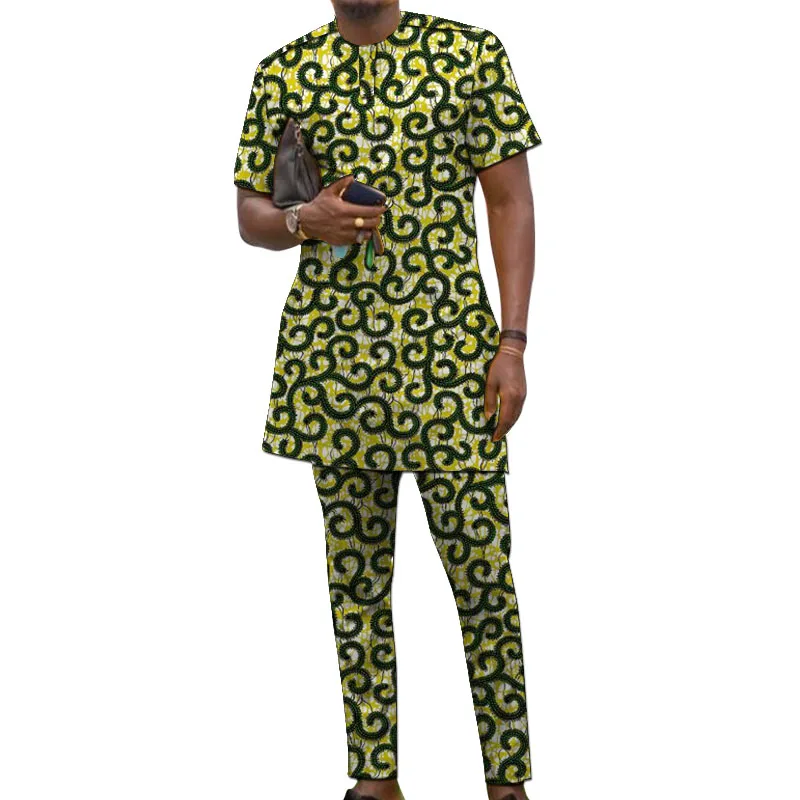 African Print Short Sleeve Simple Set Men\'s Groom Suit Male Nigerian Fashion Pant Sets Wedding Party Outfits