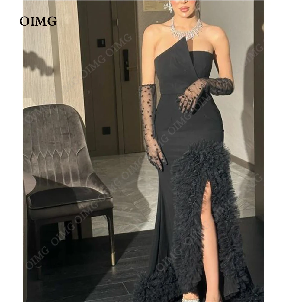 

OIMG Classic Black Ruched Fromal Prom Dresses Strapless Sleveless Long Saudi Arabic Evening Party Gowns Robes De Soirée Custom