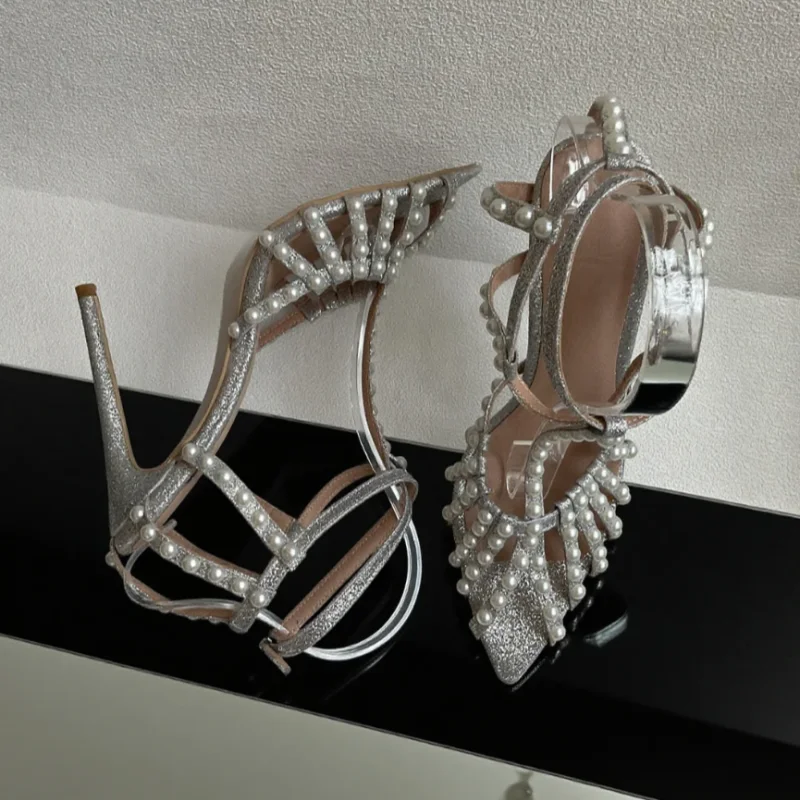 Pearl T Strap Pointed Toe Thin Heels Women Silver Glitter Ankle Strap Sandals Lady Sexy Elegant Cover Heel Party Wedding Shoes