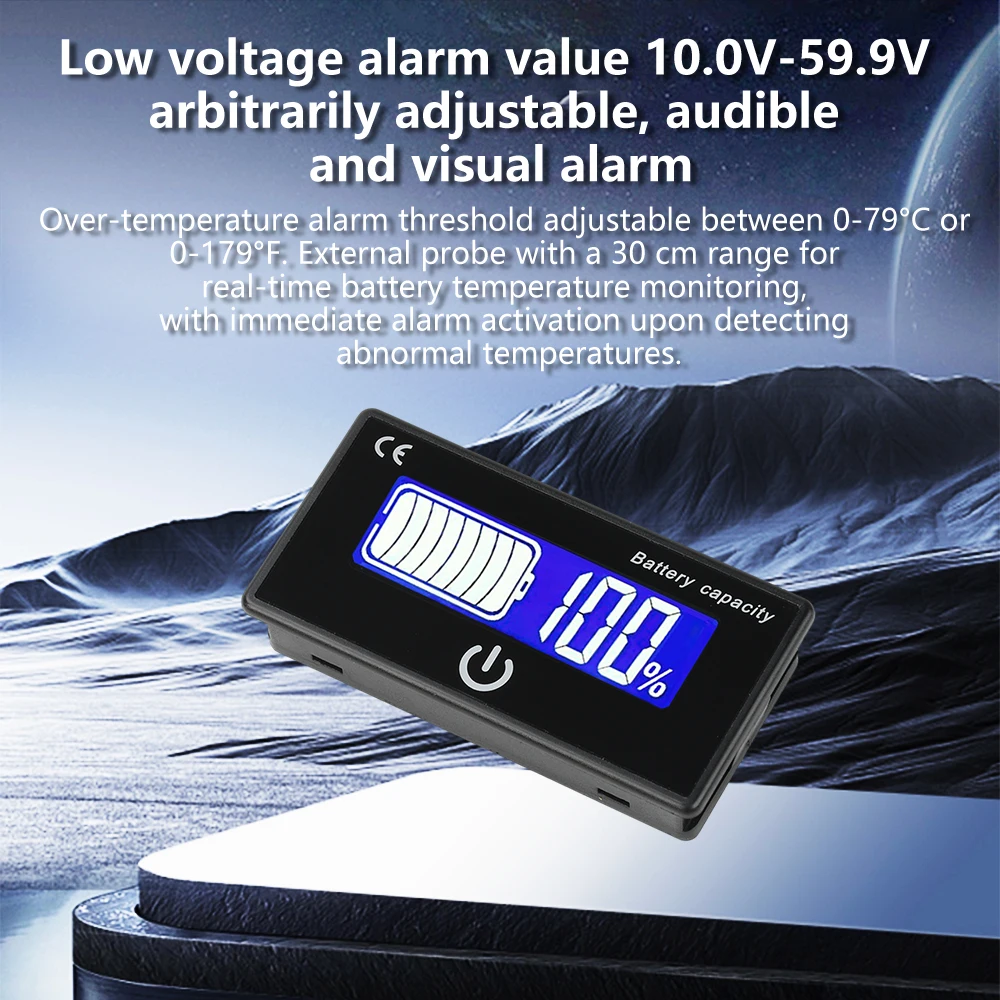 Waterproof Voltmeter Battery Capacity Indicator Lead acid Li-ion Lifepo4 eBike Lithium 8V - 73V 100V 12V 24V 48V 96V LCD display