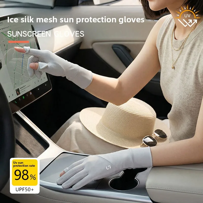 

Summer Sun Protection Gloves for Women, Extended Cycling, Thin Design, Anti Slip, UV Resistant, Exposed Finger Ice Silk Gloves