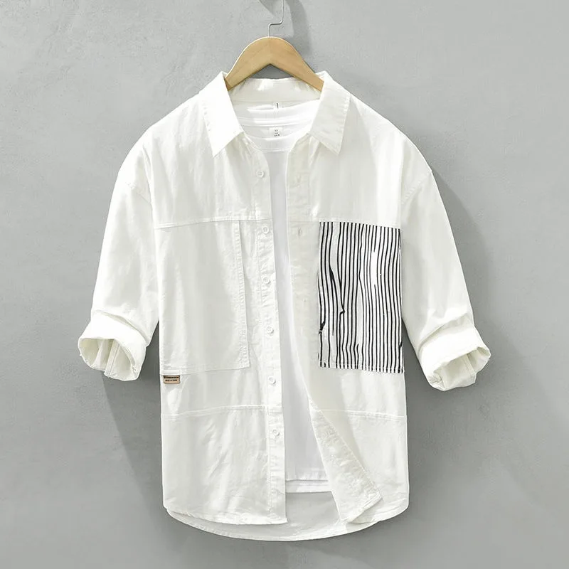 

Fresh Striped Spliced 7-quarter Sleeve Shirt Men's Casual Loose Personality Elegant Fashion Chic Literary Shirt