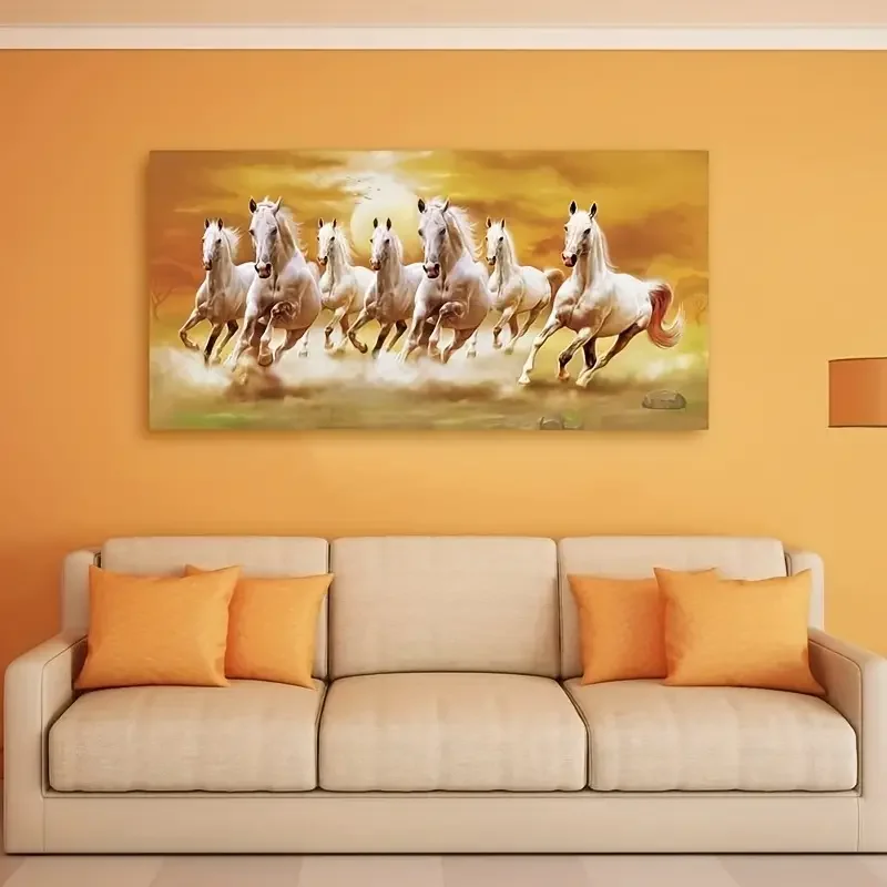 1pc WALLERAA Seven Lucky Running Horses Canvas Painting - Vastu Art for Living Room, Home, and Office Decor - 15.74x31.49 Inches