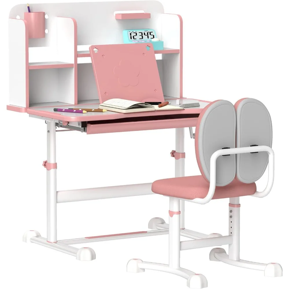 Kids Desk and Chair Set,Height Adjustable Kids School Study Desk and Chair Set with Tilt Desktop,Storage Drawer and Reading Rack