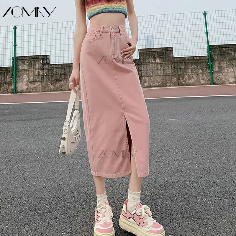 

ZOMRY Women's Front Slit Denim Skirt Pockets High Waist Slim Fly Midi 2023 New Female Versatile A-line Denim Skirt Streetwear